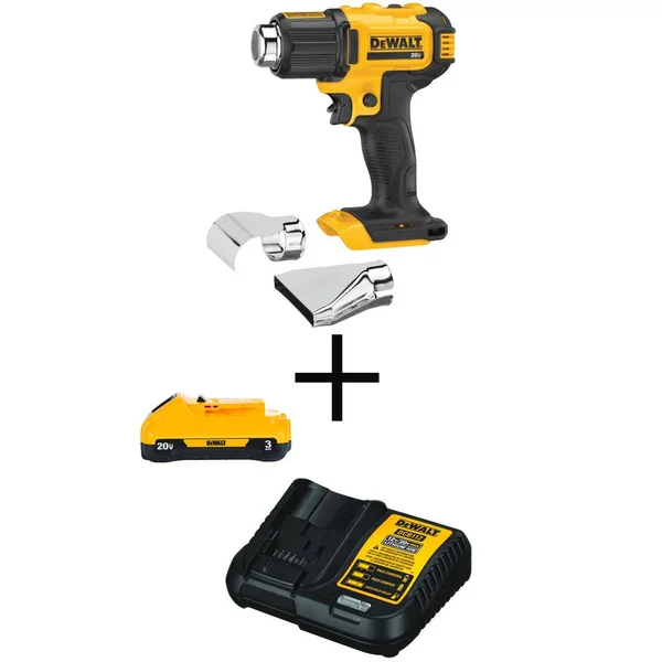DeWalt 20-Volt Max Cordless Compact Heat Gun, Flat & Hook Nozzle Attachments, (1) 20-Volt 3.0Ah Battery & Charger