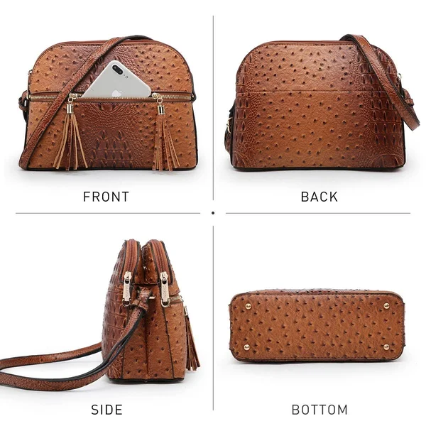 Dasein Ostrich Embossed Leather Crossbody Messenger Bag - Purple