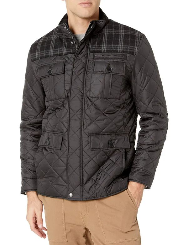 Cole Haan Quilted Plaid-Yoke Mixed-media Jacket, Black, Men's, Medium