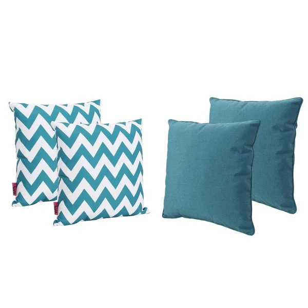 Greylin Outdoor Square Fabric Solid and Chevron Water Resistant Throw Pillows - Set of 4, Dark Teal, White