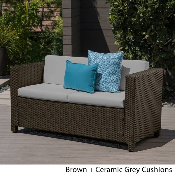 Puerta Outdoor Wicker Loveseat with Cushion by Christopher Knight Home grey/mixed Black Cushion
