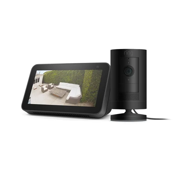 Ring Stick Up Camera Plug-In Indoor/Outdoor Standard Security Camera in Black with Echo Show 5-Charcoal