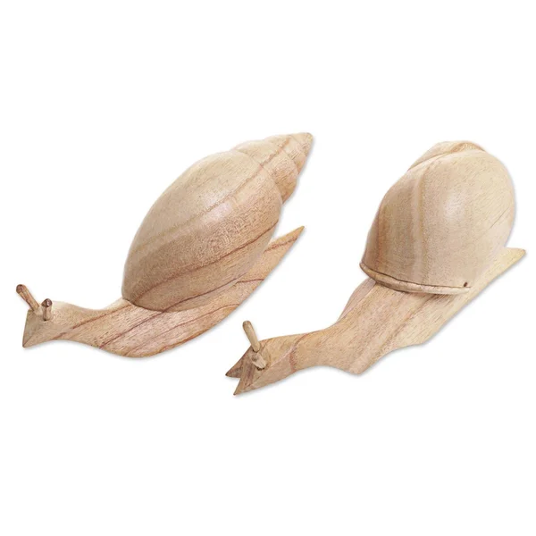 Shells Aside (Pair) Wood Snail Sculptures - Indonesia - White, NOVICA