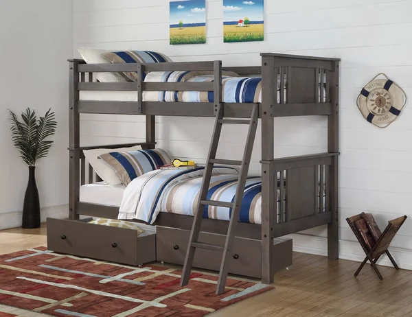 Donco Twin/Twin Princeton Panel/Mission Bunk Bed with Dual Underbed Drawers in Slate Grey Finish