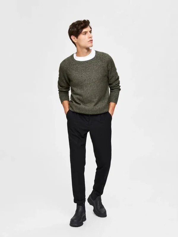 Selected Homme - Plain Crew Neck Knitted Jumper - Male - XL - Green - Acrylic/Cotton/Wool