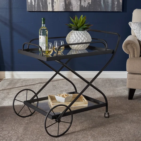Christopher Knight Home Perley Traditional Iron Glass Bar Cart with Shelves by - Black
