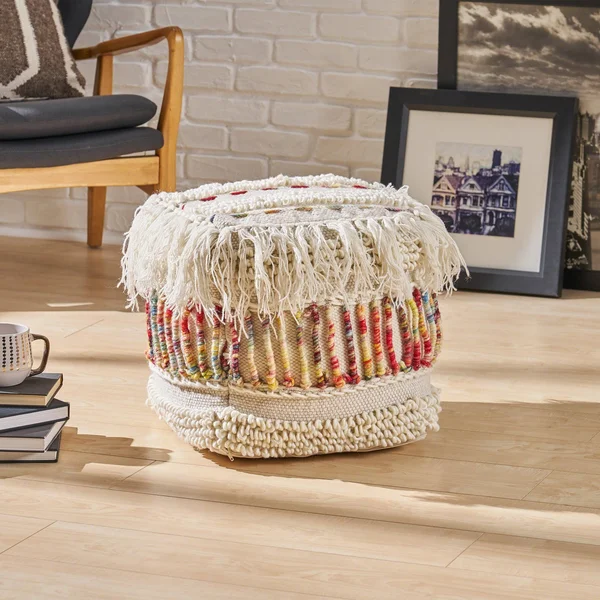 Christopher Knight Home Roth Boho Wool Pouf, Ivory and Multi-Colored