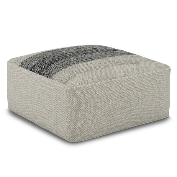 Simpli Home Sabella Grey and White Square Woven Outdoor/Indoor Pouf