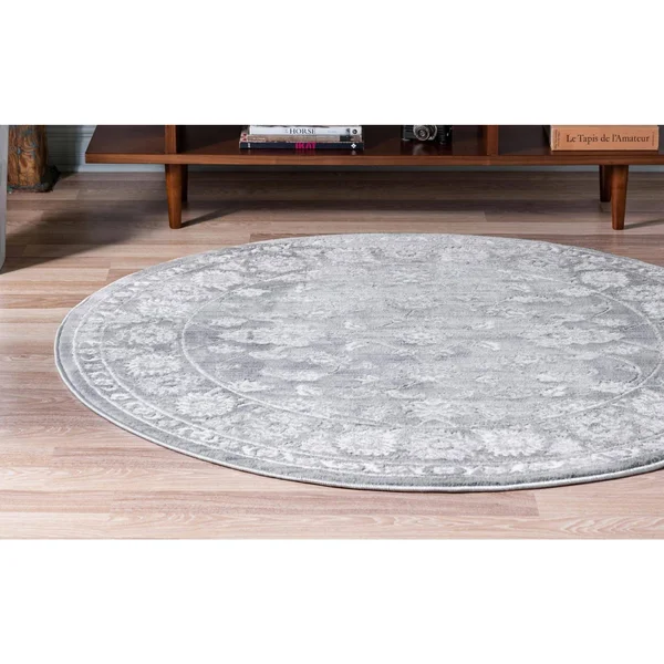 Boston 5 ft Round Gray Floral Area Rug
