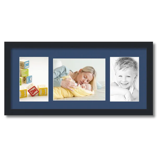Collage Picture Frame, Satin Black Frame with 3 openings for 8x10 Photos with Delft Blue Mat. D3926FI124, ArtToFrames