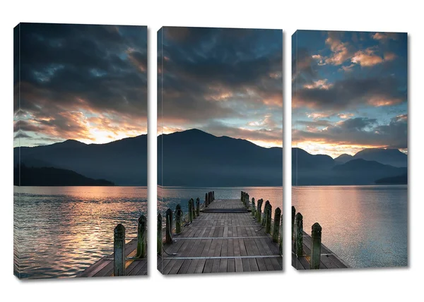 30 x 20 - Cloudy Lake Docks During Sunset Canvas Print - 3 Panel Split - Triptych Wall Art