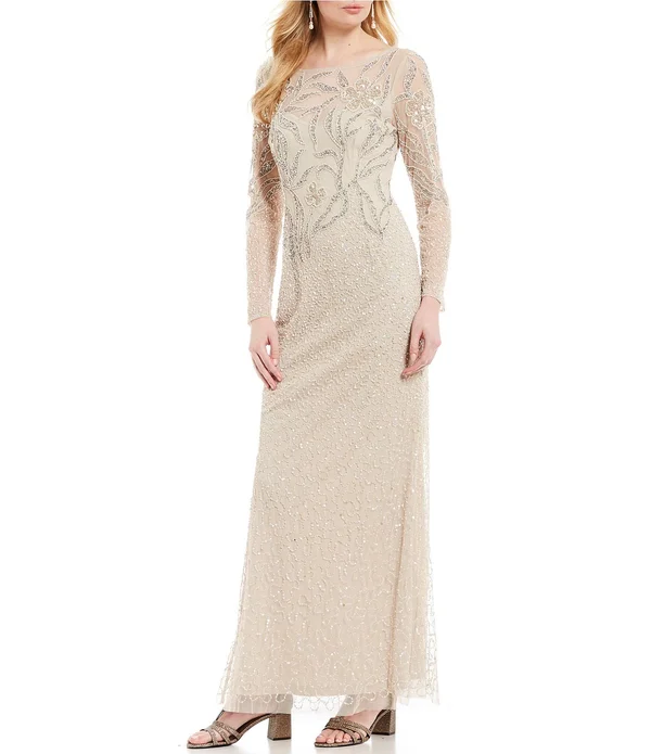Adrianna Papell Floral Beaded Dress with Sheer Long Sleeves, Biscotti, Size: 20