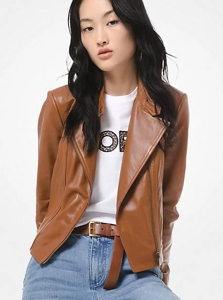 Michael Michael Kors, Leather Moto Jacket, Brown, Xs
