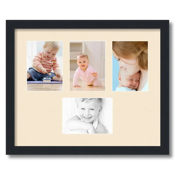 Collage Picture Frame - Satin Black Frame with 4 openings for 5x7 Photos with Pink Alabaster Mat. D3926DE149, ArtToFrames