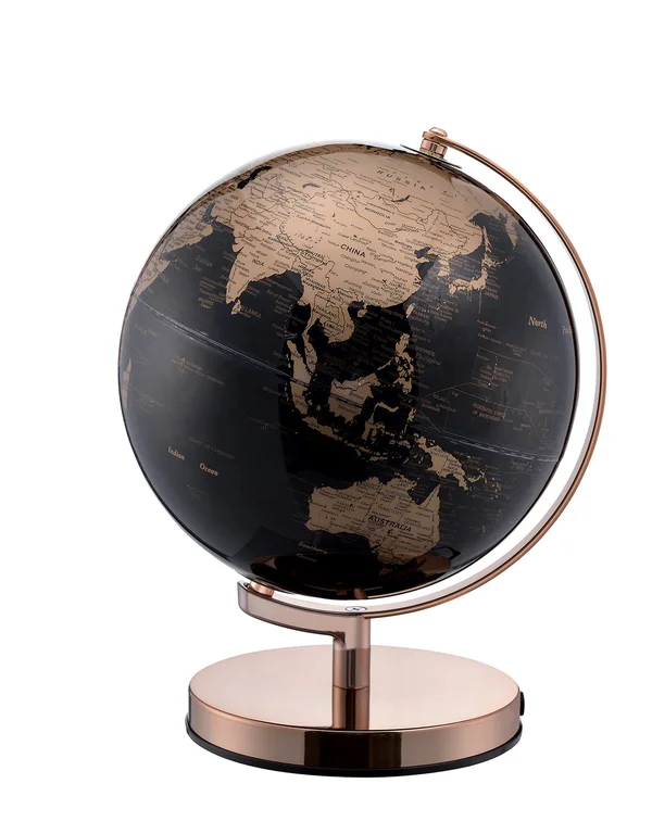 Ore International 12.5 in. Black and Gold Globe on Rose Gold Metal Frame