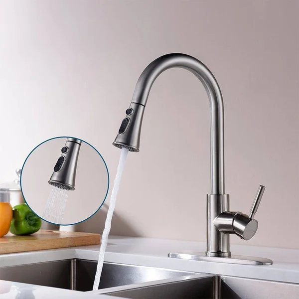 Kitchen Faucets with Pull Down Sprayer - Kablle Commercial Single Handle Brushed Nickel Kitchen Faucet, Single Level High Arch P