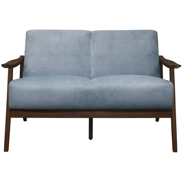 Pemberly Row Velvet Upholstered Loveseat in Blue Gray and Dark Walnut