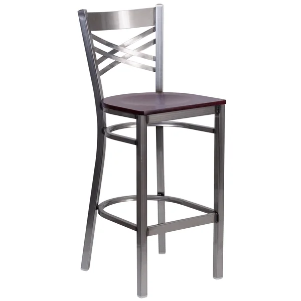 Flash Furniture X-Back Metal Restaurant Barstool - Clear Coated Mahogany Wood Seat - Hercules Series