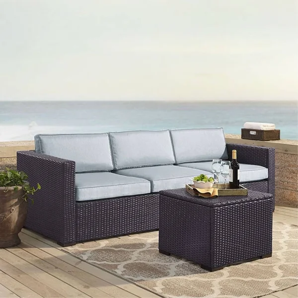 Ergode Biscayne 3 Person Outdoor Wicker Seating Set in Mist - One Loveseat, One Corner & Coffee Table