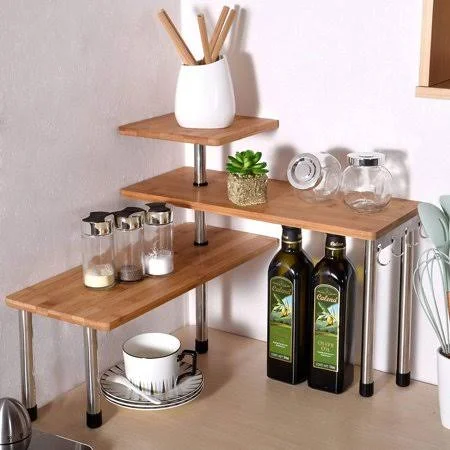 Ollieroo 3 Tier Corner Shelf Bamboo Countertop Organizer Bookshelf Display Shelves Space Saving Rack for Living Room - Kitchen, O