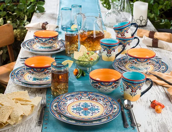 Euro Ceramica Inc. ys-zb-1001 Zanzibar Collection Vibrant Ceramic Earthenware Dinnerware Set, 16 Piece, spanish/mexican Floral D