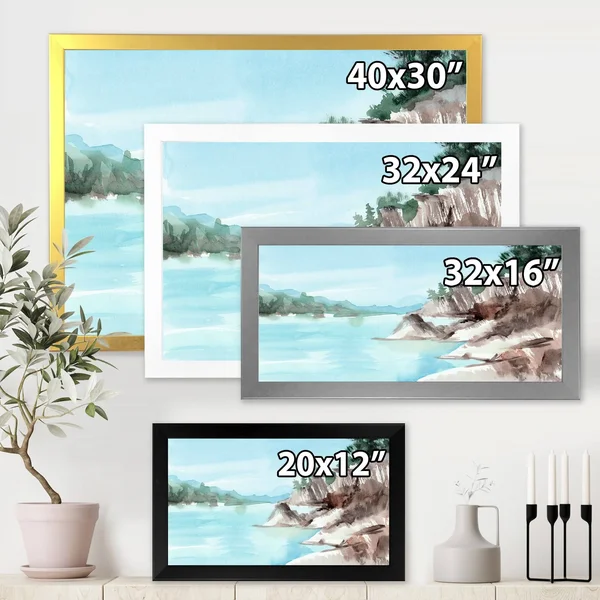 Designart 'Rocks by The Blue Lake' Lake House Framed Art Print - 20 in. Wide x 12 in. High - White