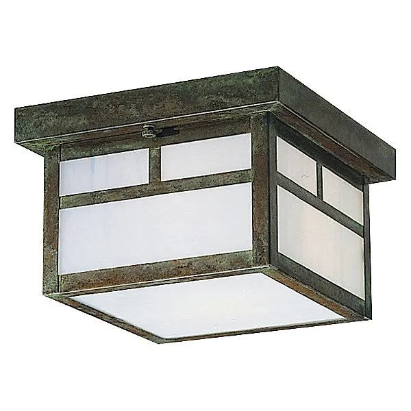 Arroyo Craftsman Mission 2-Light Glass Outdoor Ceiling Light T-Bar Overlay - Rustic Brown, White Opalescent - MCM-12TWO-RB