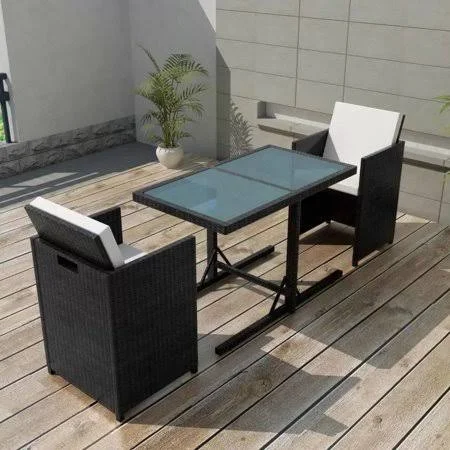 3-Piece Patio Wicker Bistro Set with 4 Cushions, Glass Coffee Table, Patio Bistro Table and Chair Set, Outdoor Porch Conversatio
