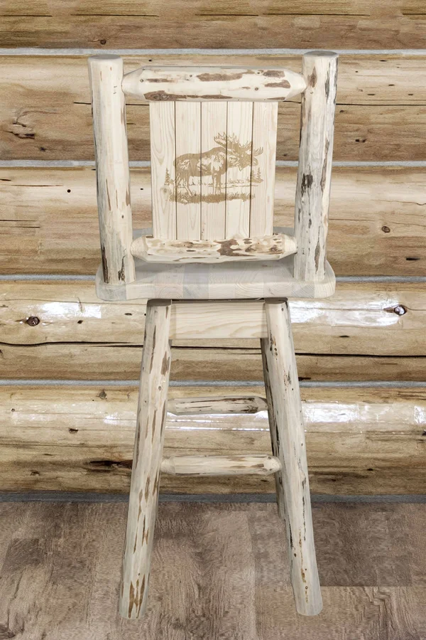 Montana Collection Barstool w/ Back & Swivel w/ Laser Engraved Moose Design - Clear Lacquer Finish