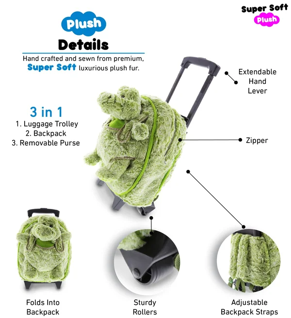 Dollibu Alligator Plush Trolley & Purse Set - 3-in-1 Kids Trolley - Backpack & Green Alligator Purse, Plush Backpack on W