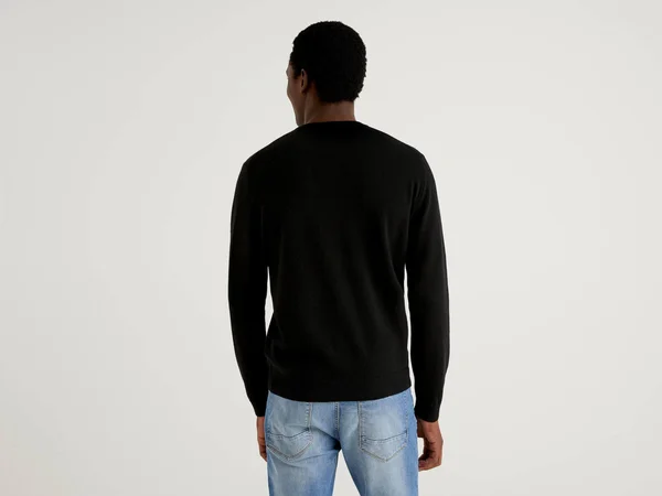 Benetton - Black Crew Neck Sweater in Pure Virgin Wool, Size L, Black, Men