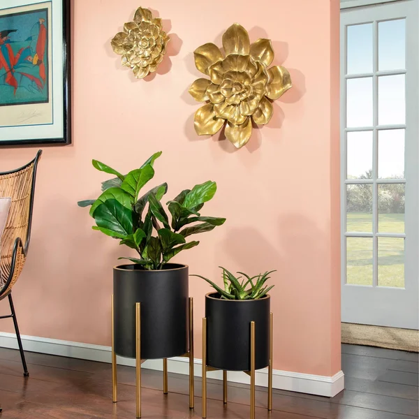Sagebrook Home Set of 2 Planter on Metal Stand - BLACK/GLD