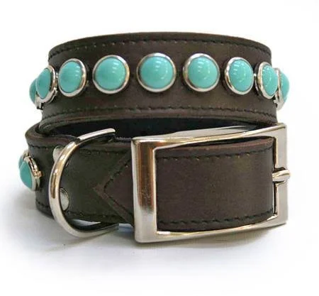 Single Row Turquoise Cabs on Chocolate Leather Dog Collar Size 14: Fit Range 12-13 in. x 1/2 in. W