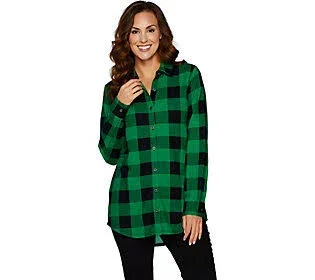 Denim & Co. Heavenly Jersey Buffalo Plaid Tunic Top, Size Medium, Emerald Green
