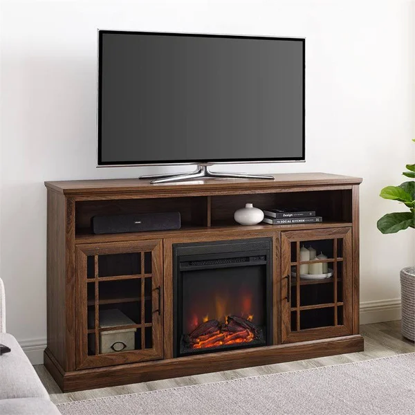 Pemberly Row 58x22 Classic Glass Door Highboy Fireplace TV Stand in Dark Walnut - PR-4753-2138585