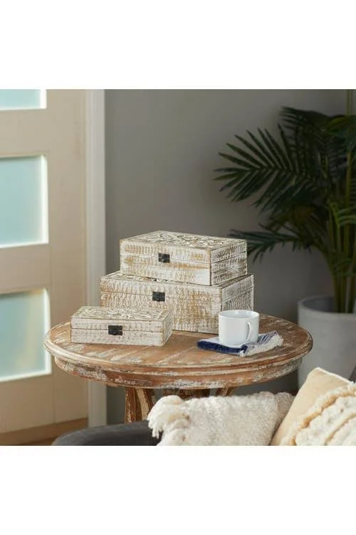 Zimlay Natural Carved Wooden Set of 3 Filigree Boxes 96093
