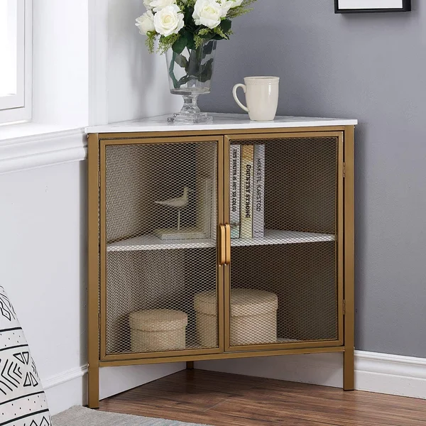 VECELO 3 Tiers Corner Shelf Metal Frame Shelves Storage Organizer with VENTILATION Protection DOOR, Glod, 19.7 x 19.7 x 29.6 inches
