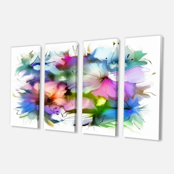 Designart &Watercolor Floral Bouquet& Extra Large Floral Wall Art - Blue - 40 in. Wide x 30 in. High - 1 Panel