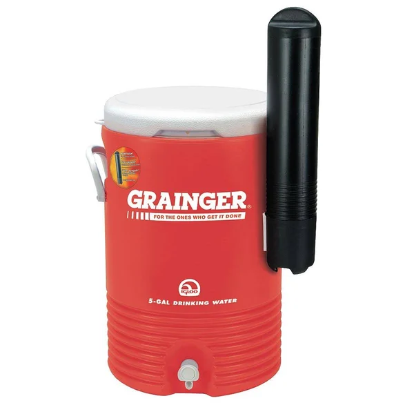 Insulated Beverage Dispenser: Plastic - 5 Gal Capacity, 19 1/2 in Exterior Ht, Red, Beverage Cooler, Lid