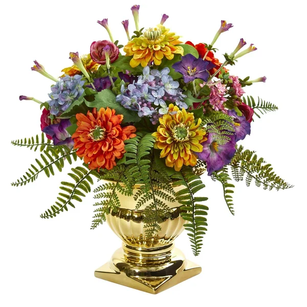 Nearly Natural Mixed Floral Artificial Arrangement in Gold Urn