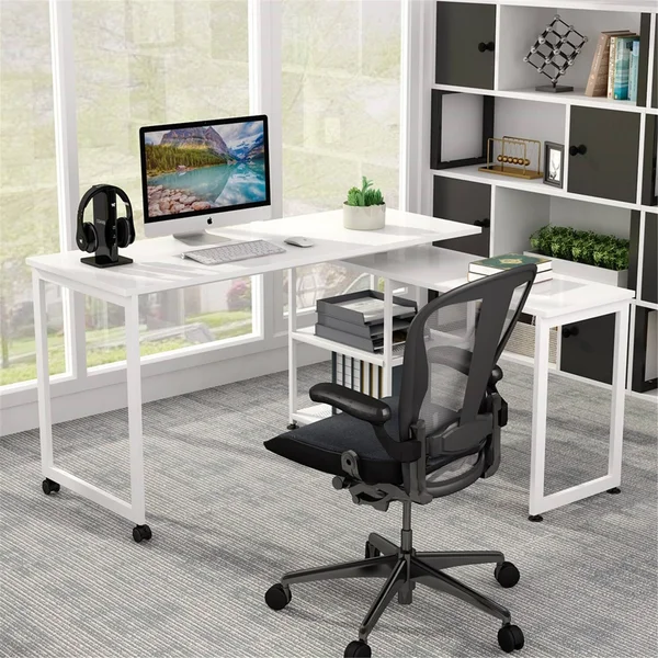 55 inch Corner Computer Desk, Reversible L-Shaped Desk 360癛otating - Black