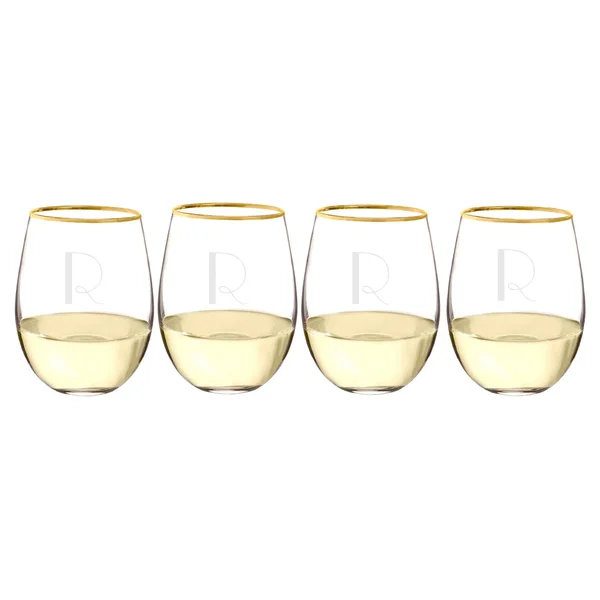 Cathy&s Concepts 19.25oz Monogram Gold Rim Stemless Wine Glasses R - Set of 4