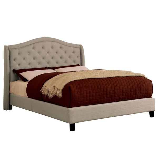 Furniture of America Wall Transitional Grey Fabric Tufted Platform Bed - King