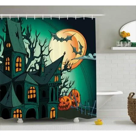 The Holiday Aisle Teal Halloween Haunted Castle Single Shower Curtain