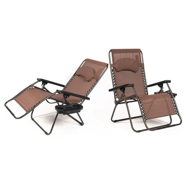 Belleze Case of (2) XL Oversized Zero Gravity Chairs Foldable Recliner Lounge Padded with Pillow Drink Cup Holder - Brown