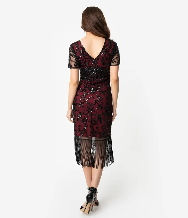 Unique Vintage Burgundy Red & Black Beaded Sleeved Troyes Cocktail Flapper Dress - Size L/10-12
