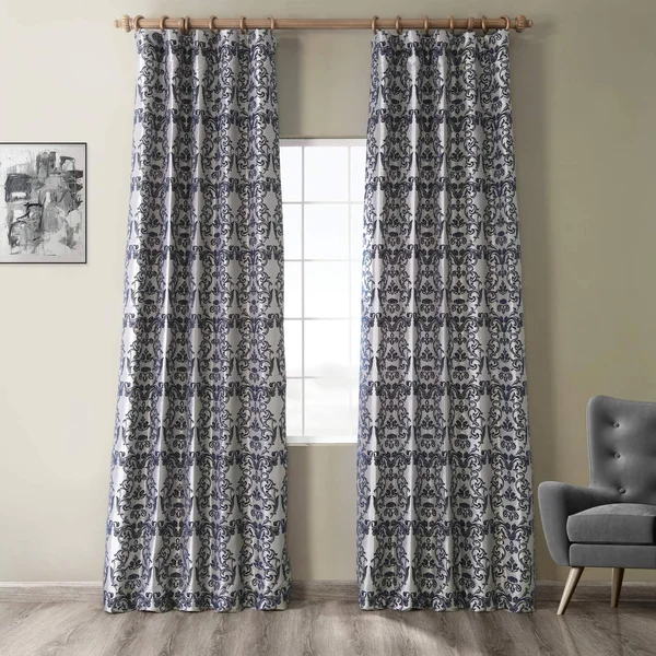 Exclusive Fabrics Firenze Silver & Blue Flocked Faux Silk Curtain - 84 Inches