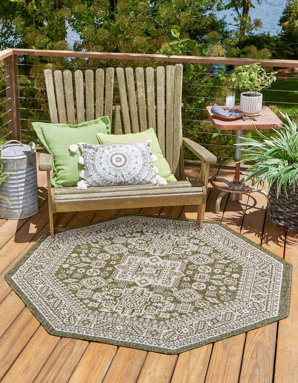 Outdoor Aztec Green 8 ft Octagon Octagon Area Rug Indoor Outdoor Rug