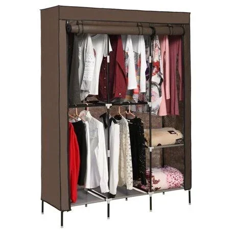 DIY Non-Woven Fabric Portable Closet Organizer Wardrobe, Double Rod Clothes Closet Storage, Freestanding Wardrobe Armoire with H