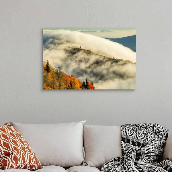 Autumn Colors and Mist at Sunrise, Blue Ridge Mountains at Sunrise, North Carolina, Canvas Wall Art, 36x24, Great Big Canvas